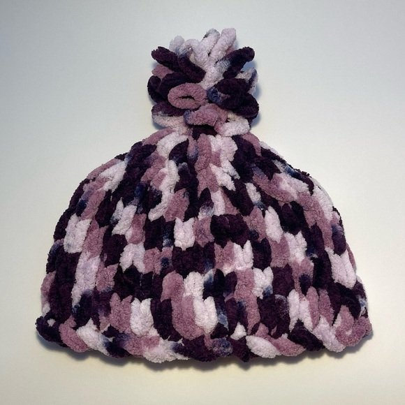 Handmade Kid’s Super Soft & Cozy Winter Hat With Loopy Pom-Pom-Variegated Purple - Picture 3 of 9